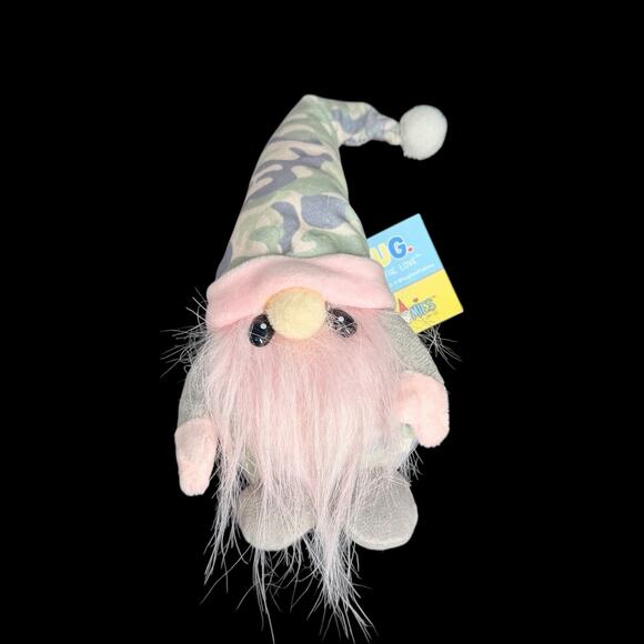 HUG Gnomies Harper Plush Gnome 7.5 in Camo Hat Pink Beard NWT Sand Bag - Picture 5 of 9